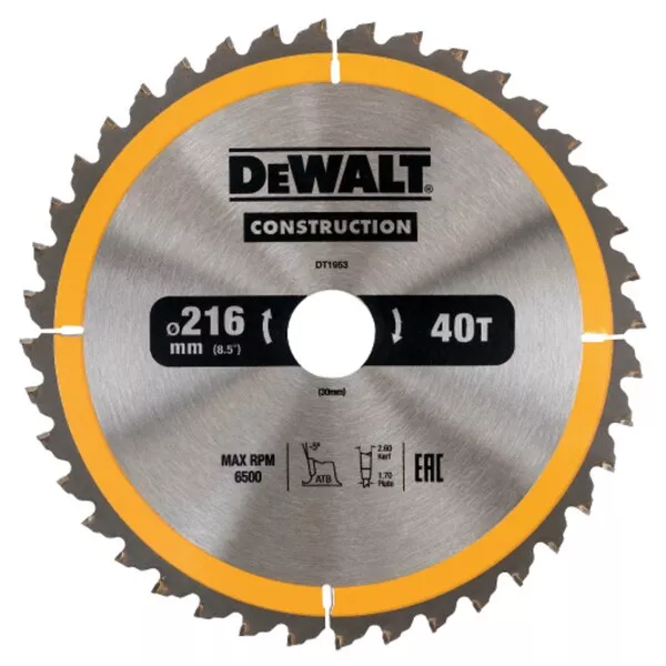 Lame Scie Circulaire Stationnaire 216x30 Mm 40 Dents Construction DEWALT - DT1953 1 Lame Scie Circulaire Stationnaire 216x30 Mm 40 Dents Construction DEWALT - DT1953