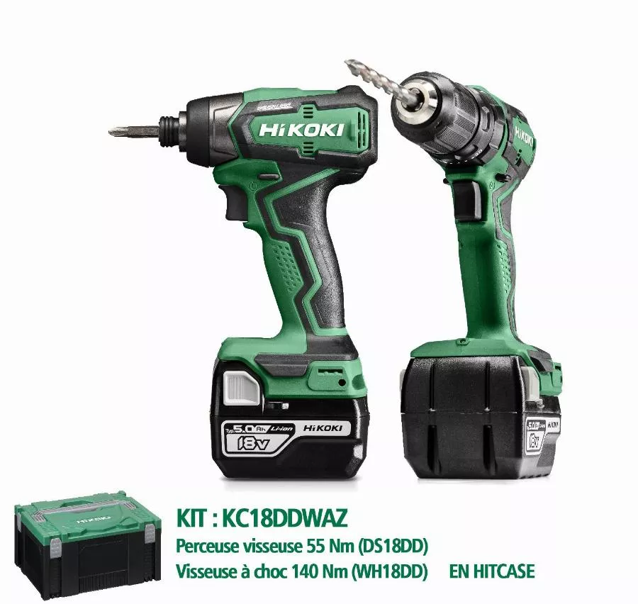 Kit 18V HIKOKI Perceuse DS18DD + Visseuse WH18DD + 2 Batteries 5Ah - KC18DDWAZ 1 Kit 18V HIKOKI Perceuse DS18DD + Visseuse WH18DD + 2 Batteries 5Ah - KC18DDWAZ