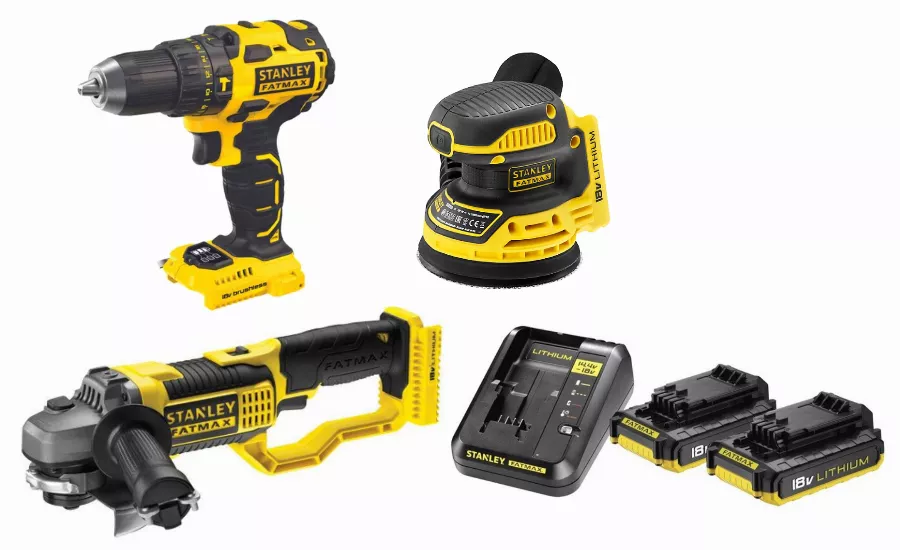 Kit 3 Outils STANLEY Fatmax Perceuse à Percu + Ponceuse Excentrique + Meuleuse + 2 Batteries Ah + Chargeur Rapide 1 Kit 3 Outils STANLEY Fatmax Perceuse à Percu + Ponceuse Excentrique + Meuleuse + 2 Batteries Ah + Chargeur Rapide